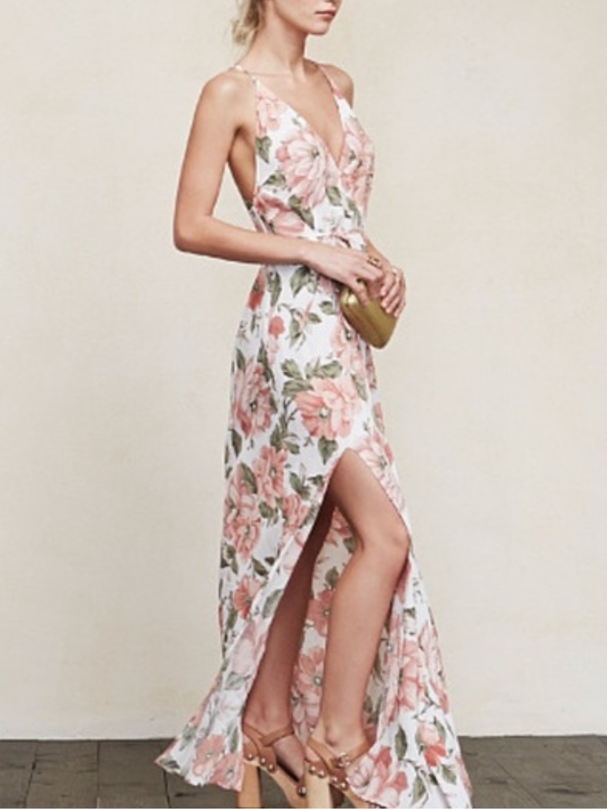 Reformation Floral Maxi Spaghetti Straps Dress With Long Sexy Slit Xs